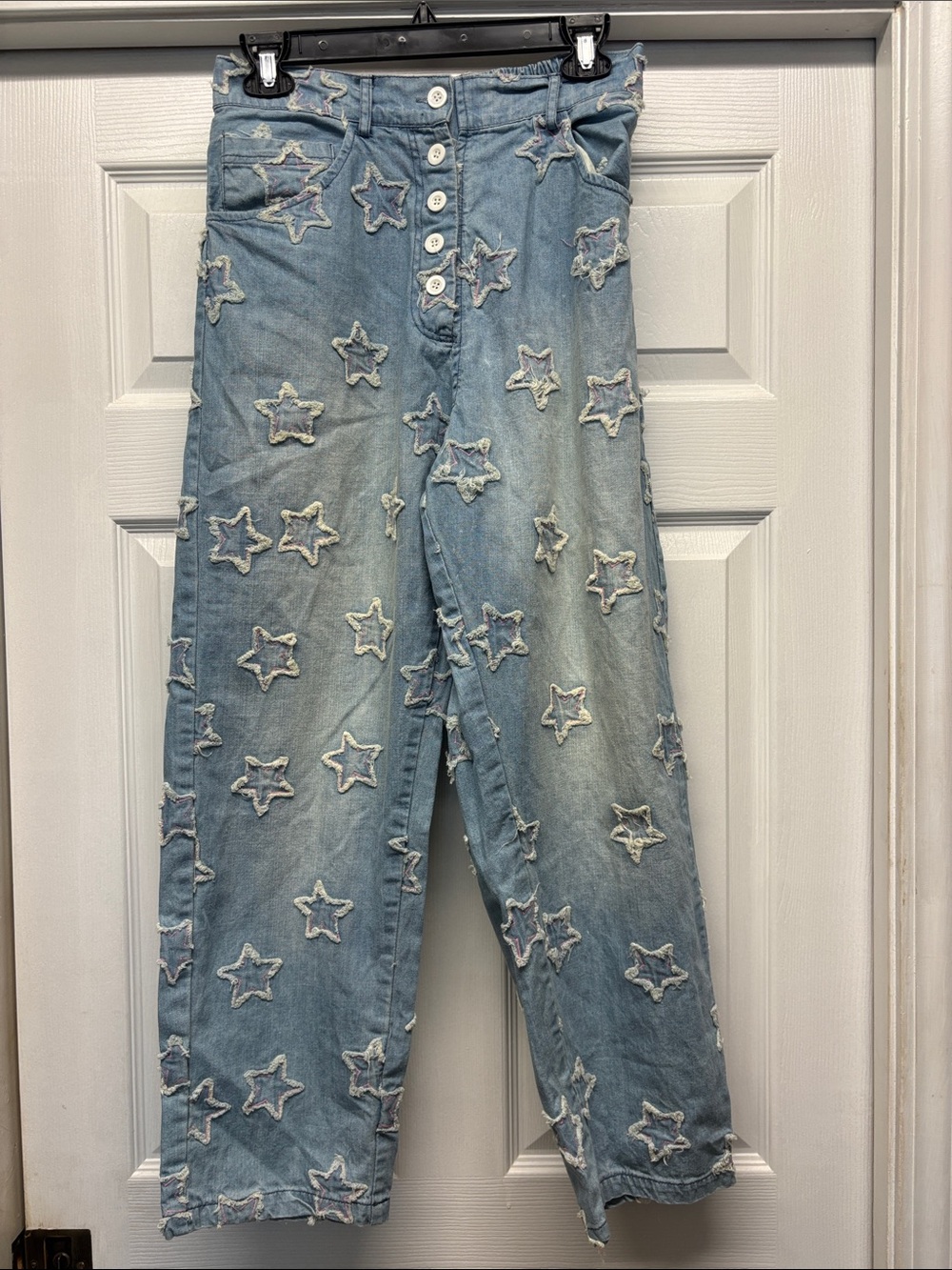 Paper Lace Light Blue Patchwork Star  Pink Embroidered Button Fly Jeans Small